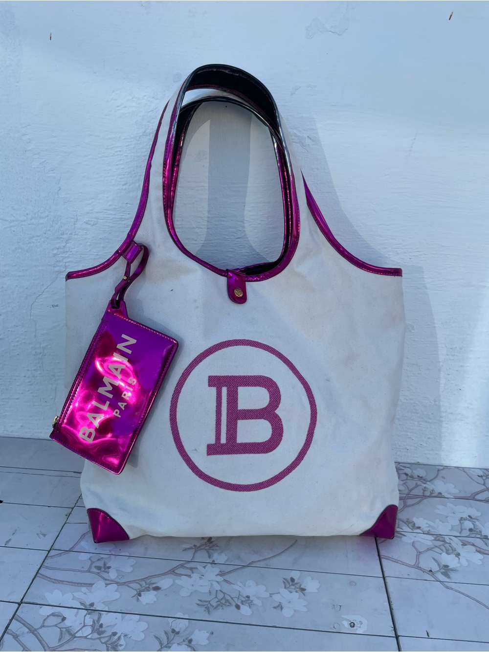 Balmain White Canvas Tote with Metallic Fuchsia Accents